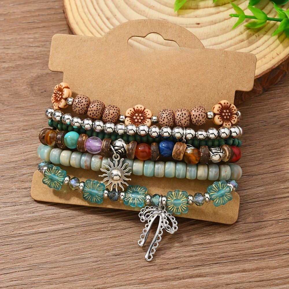 6pc Boho Beaded Stacked Bracelet Set