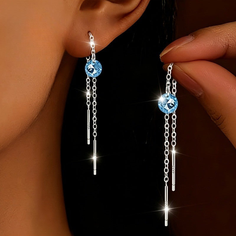 Elegant Blue Zircon Tassel Earrings