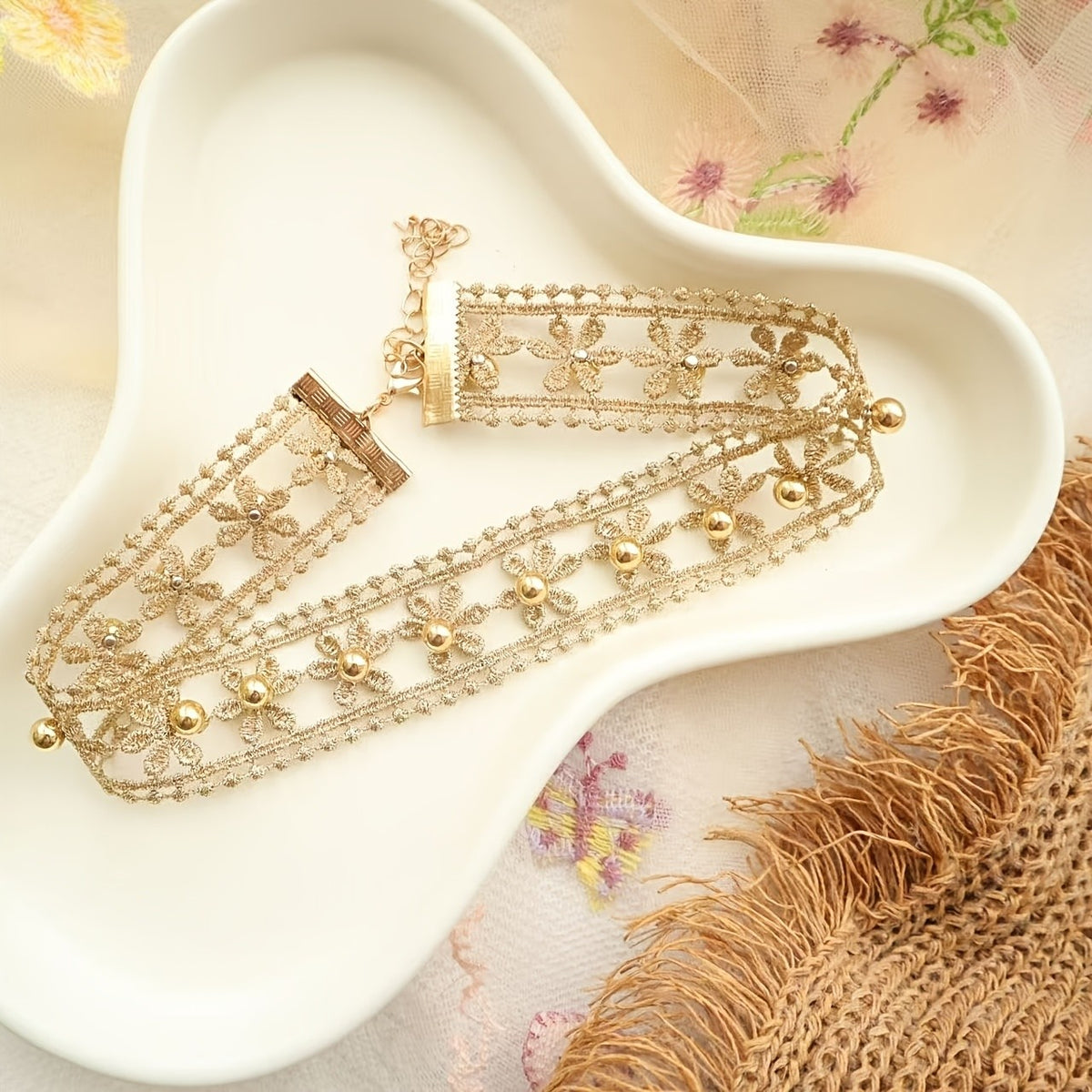 Dainty Floral Pearl Lace Choker Necklace