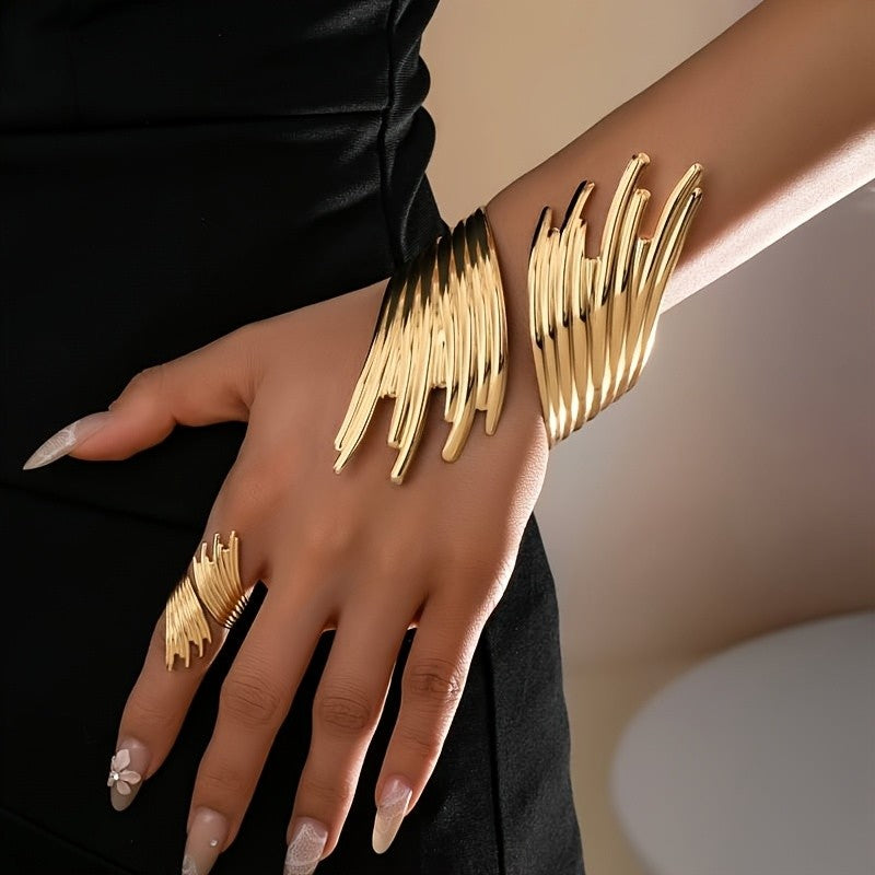 Elegant Geometric Cuff Bracelet Ring Set