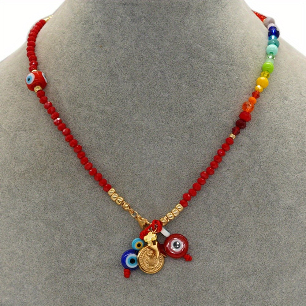 Boho Rainbow Bead Evil Eye Necklace