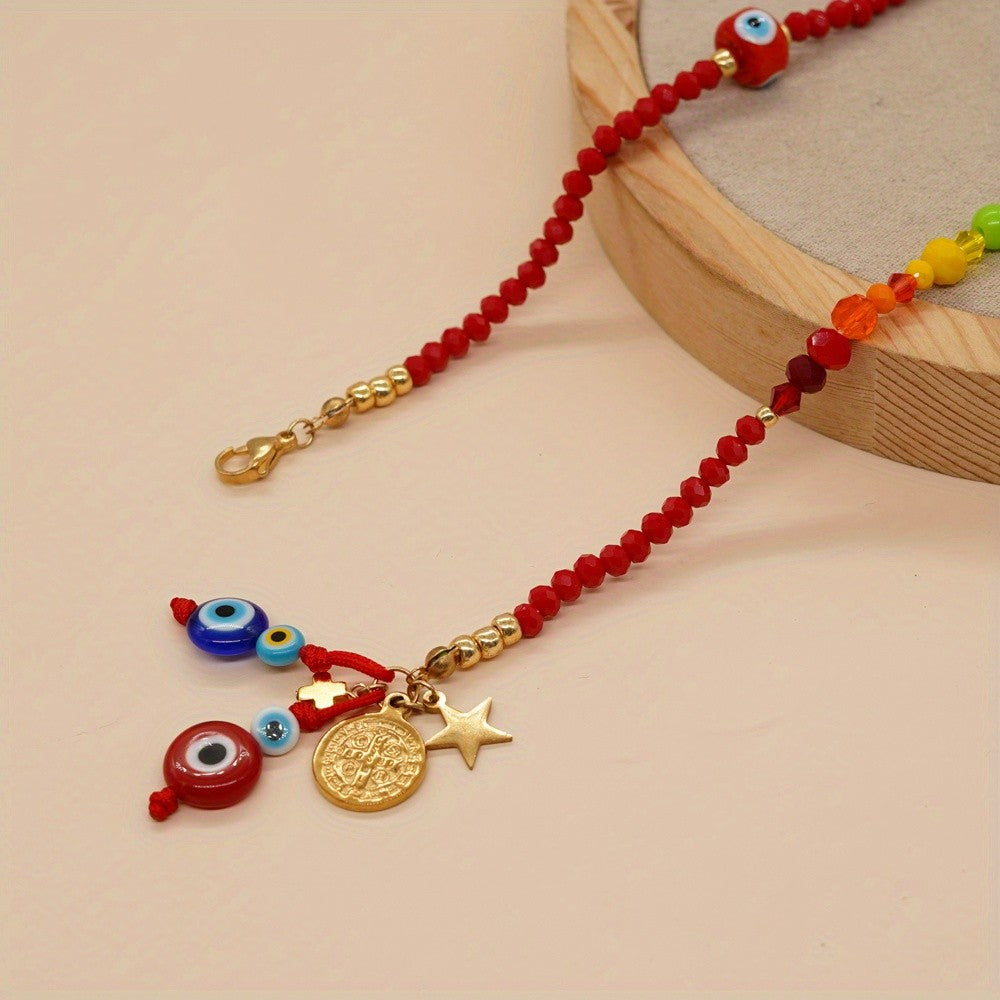 Boho Rainbow Bead Evil Eye Necklace