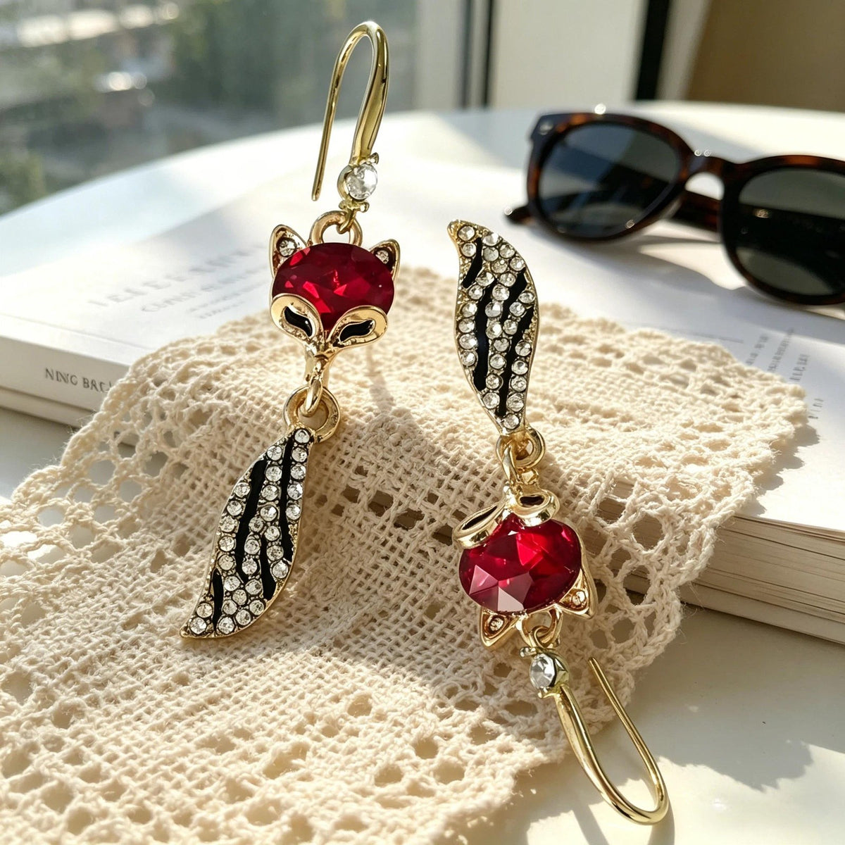 Cute Ruby Red Fox Dangle Earrings