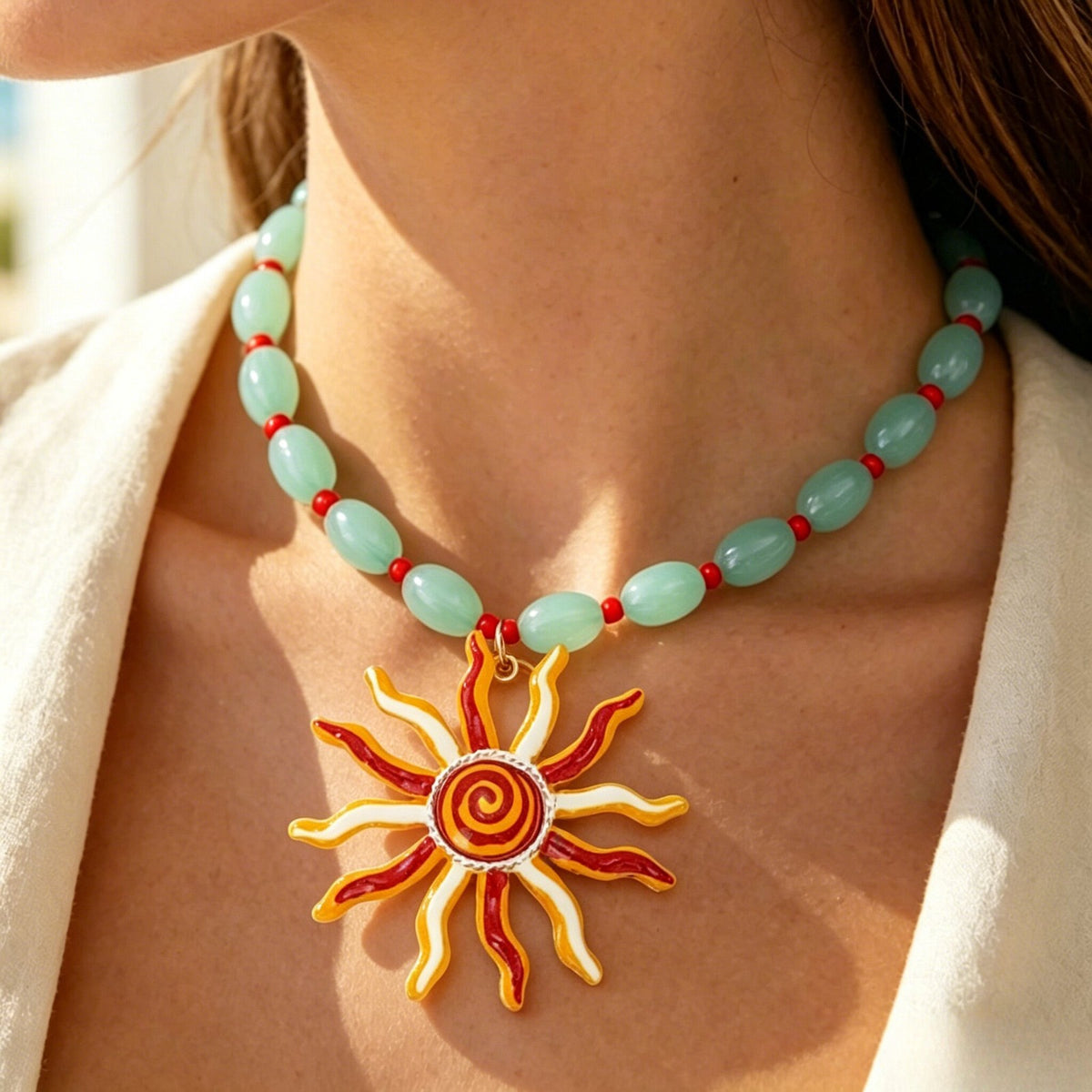 Elegant Mint Beaded Sun Necklace