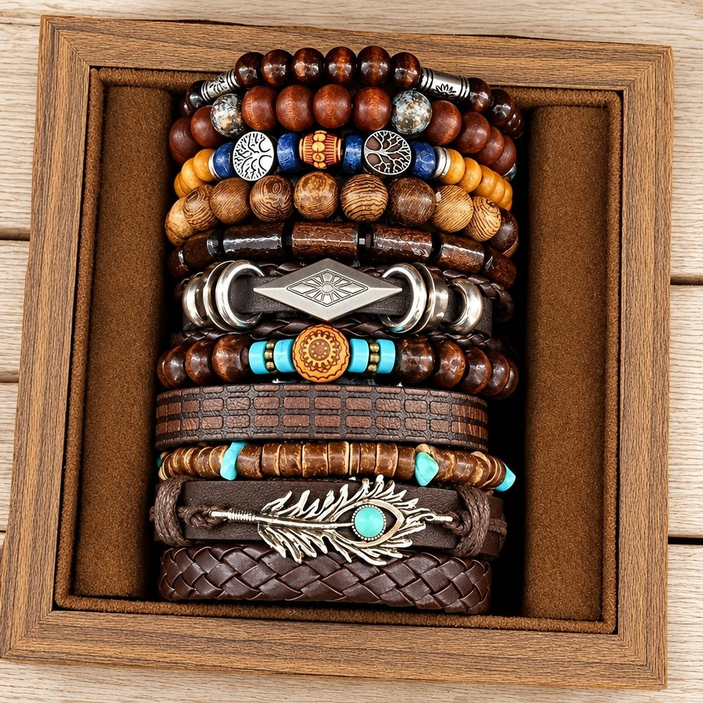 11pc Vintage Boho Feather & Tree of Life Bracelet Set