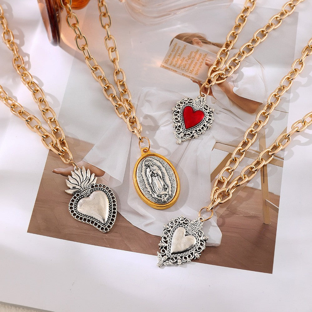 Vintage Sacred Heart & Medal Layered Necklace