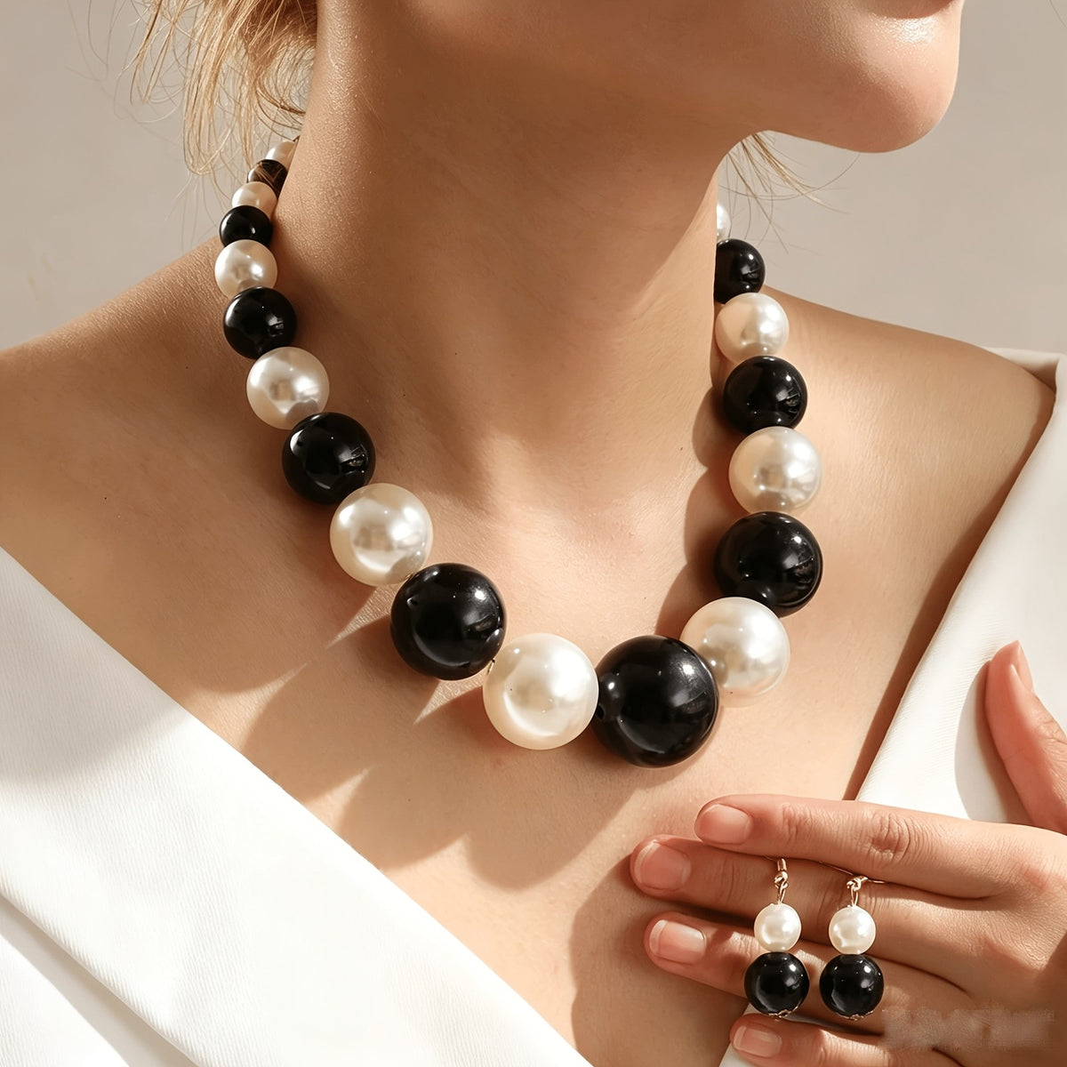 Boho Black & White Bead Necklace & Earring Set