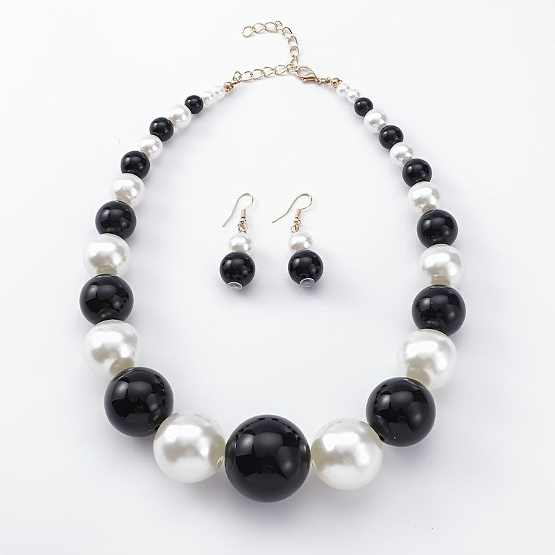 Boho Black & White Bead Necklace & Earring Set