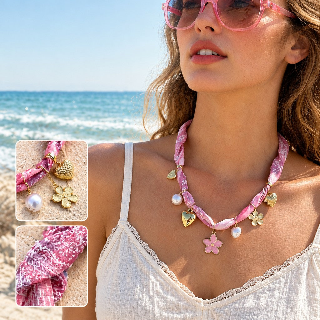 Boho Pink Floral Scarf Charm Necklace