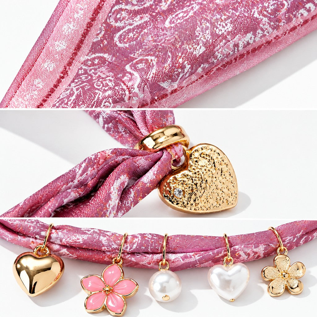 Boho Pink Floral Scarf Charm Necklace