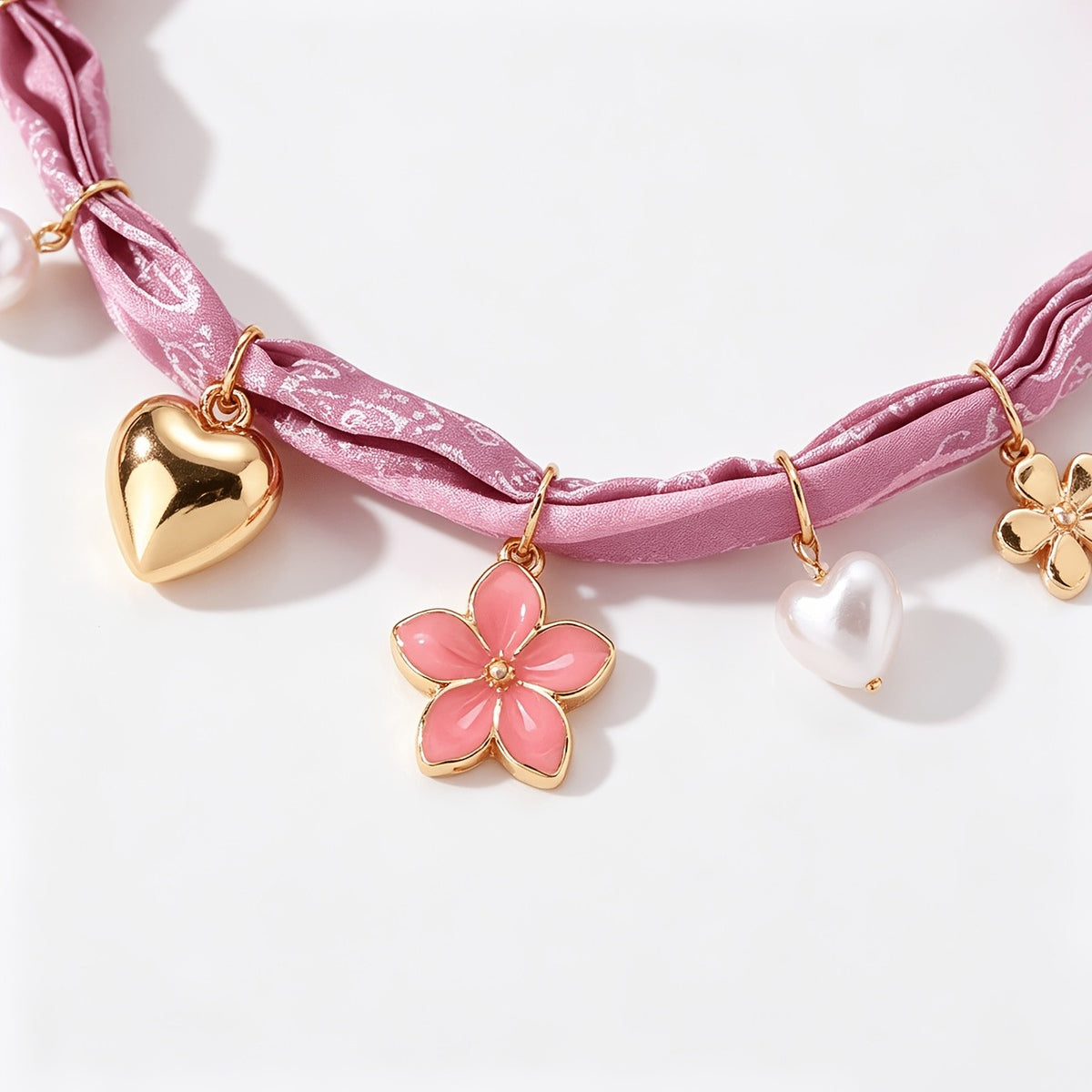 Boho Pink Floral Scarf Charm Necklace