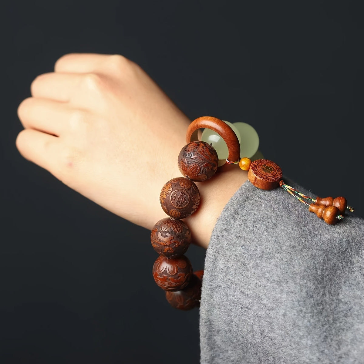 Vintage Carved Wood Imitation Jade Bracelet
