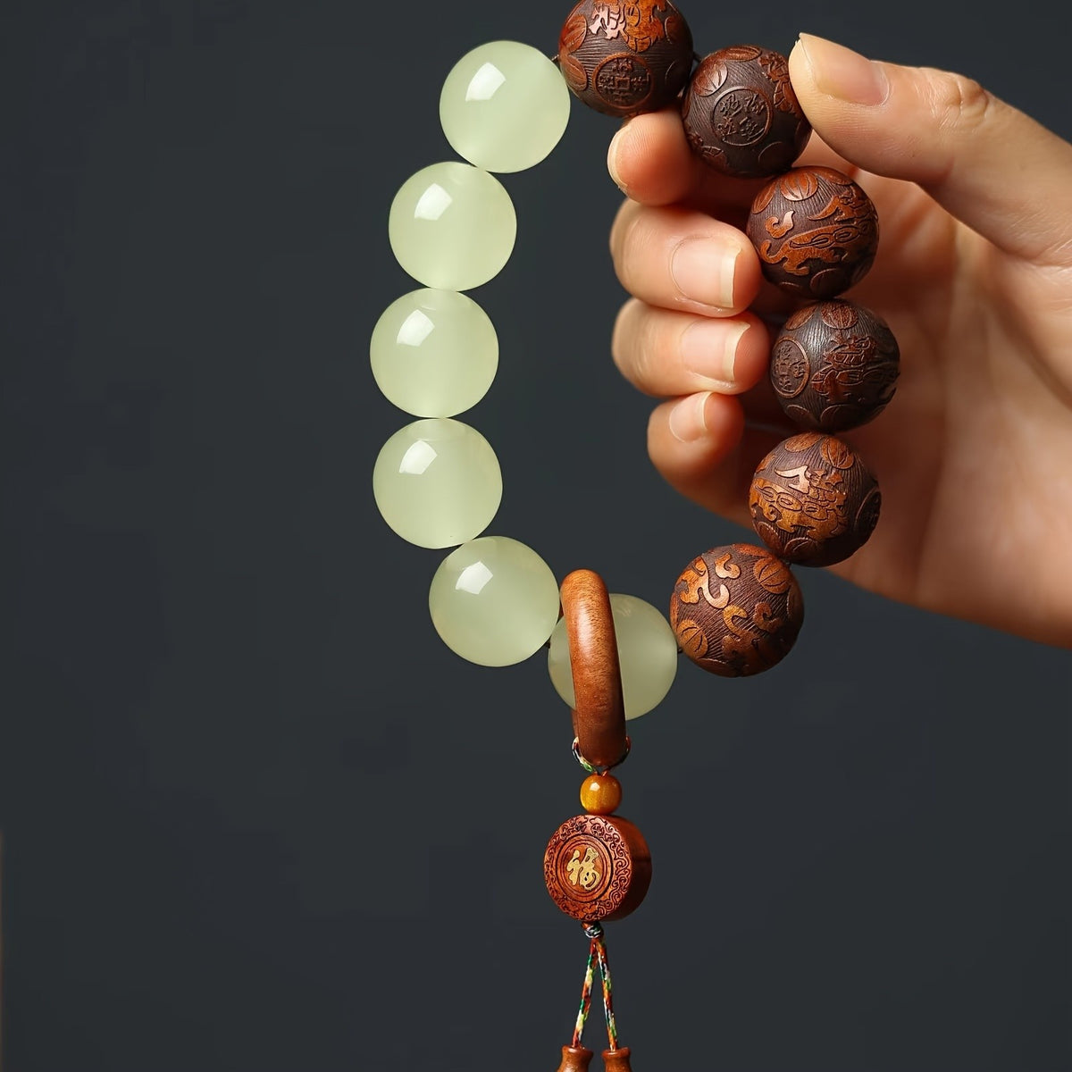 Vintage Carved Wood Imitation Jade Bracelet