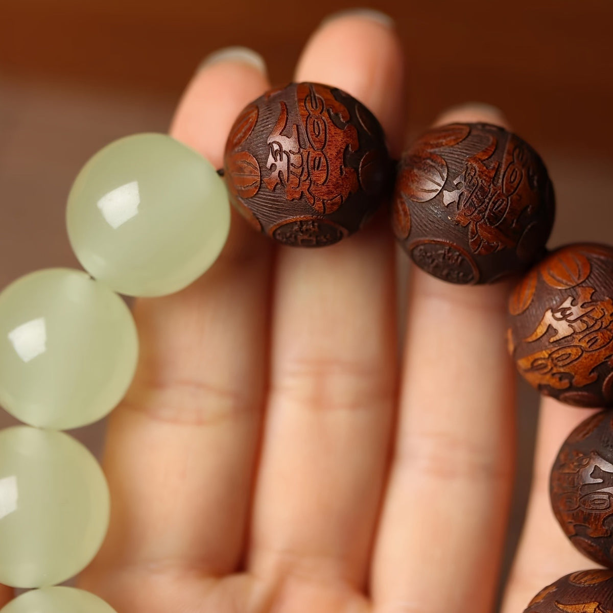 Vintage Carved Wood Imitation Jade Bracelet