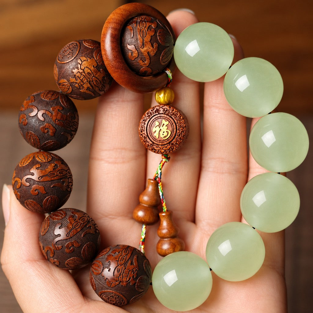 Vintage Carved Wood Imitation Jade Bracelet