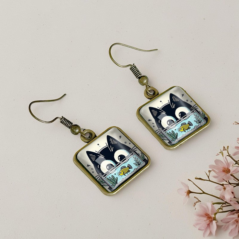 Whimsical Cat And Fish Square Earrings