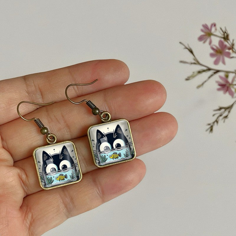 Whimsical Cat And Fish Square Earrings