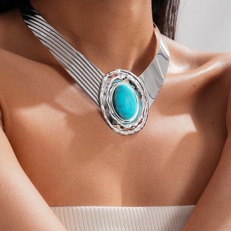 Boho Turquoise Collar Necklace, Ring, Bracelet & Earring Set