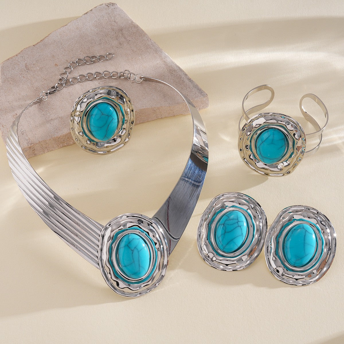 Boho Turquoise Collar Necklace, Ring, Bracelet & Earring Set