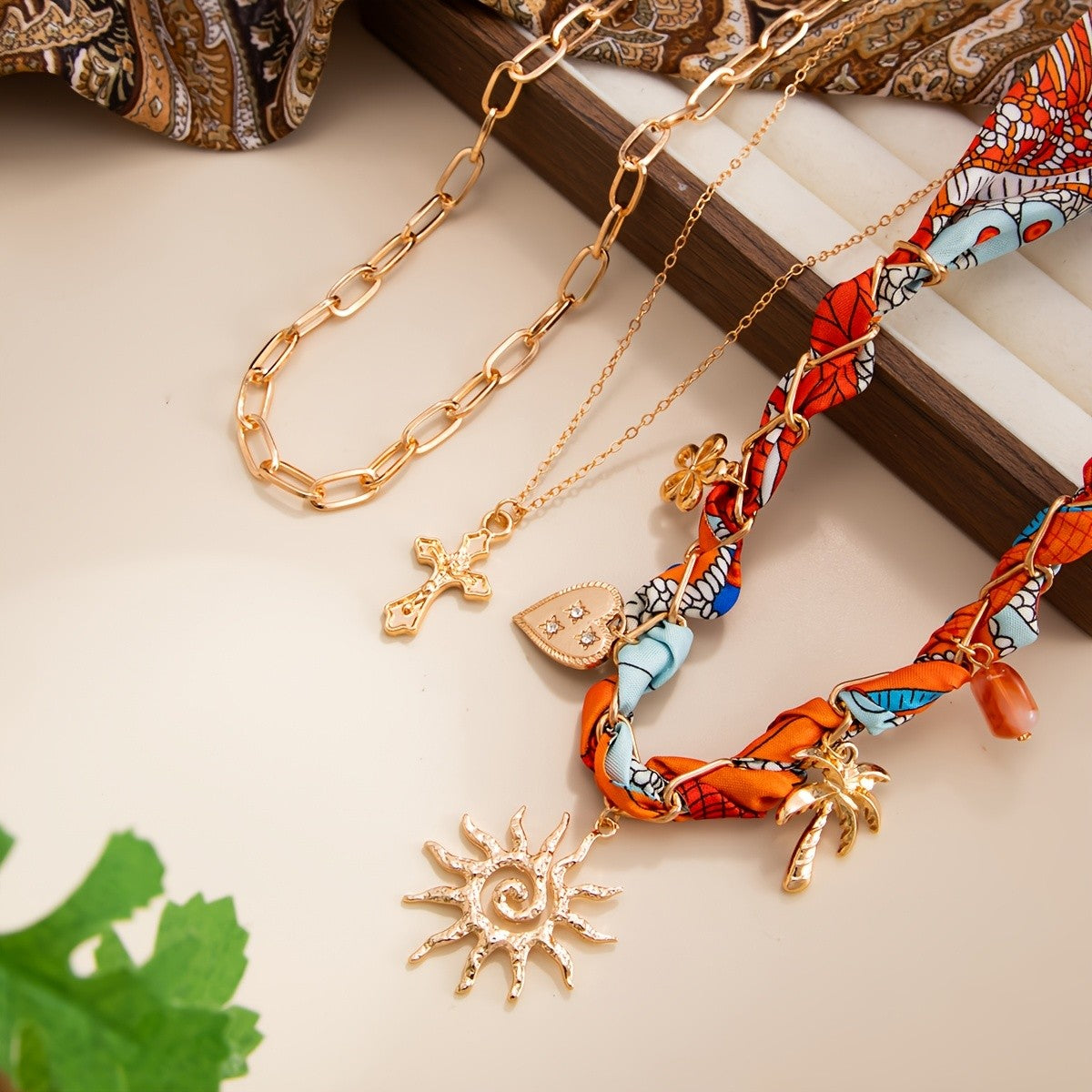 3pc Boho Woven Scarf Layered Necklace Set