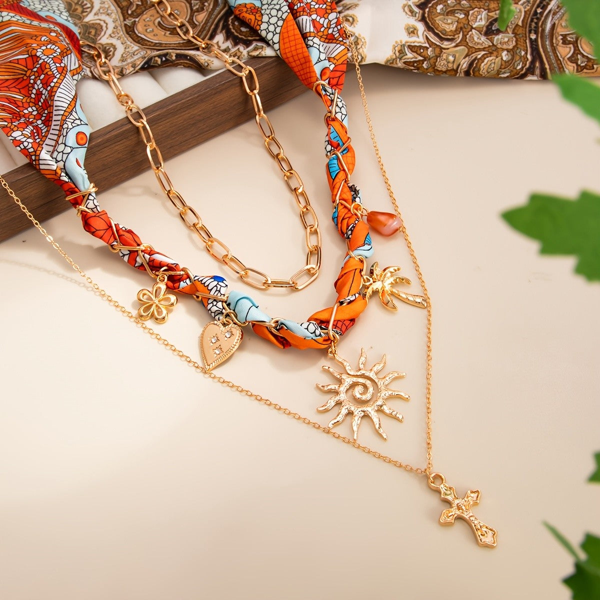 3pc Boho Woven Scarf Layered Necklace Set