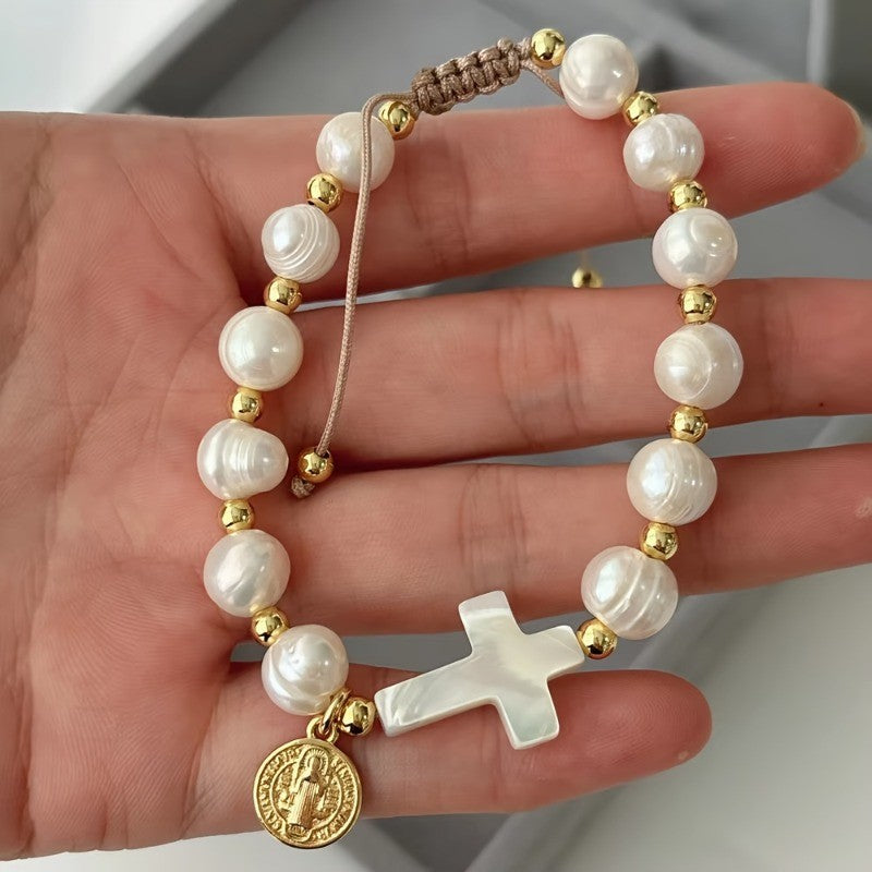 Boho Pearl Cross Bracelet