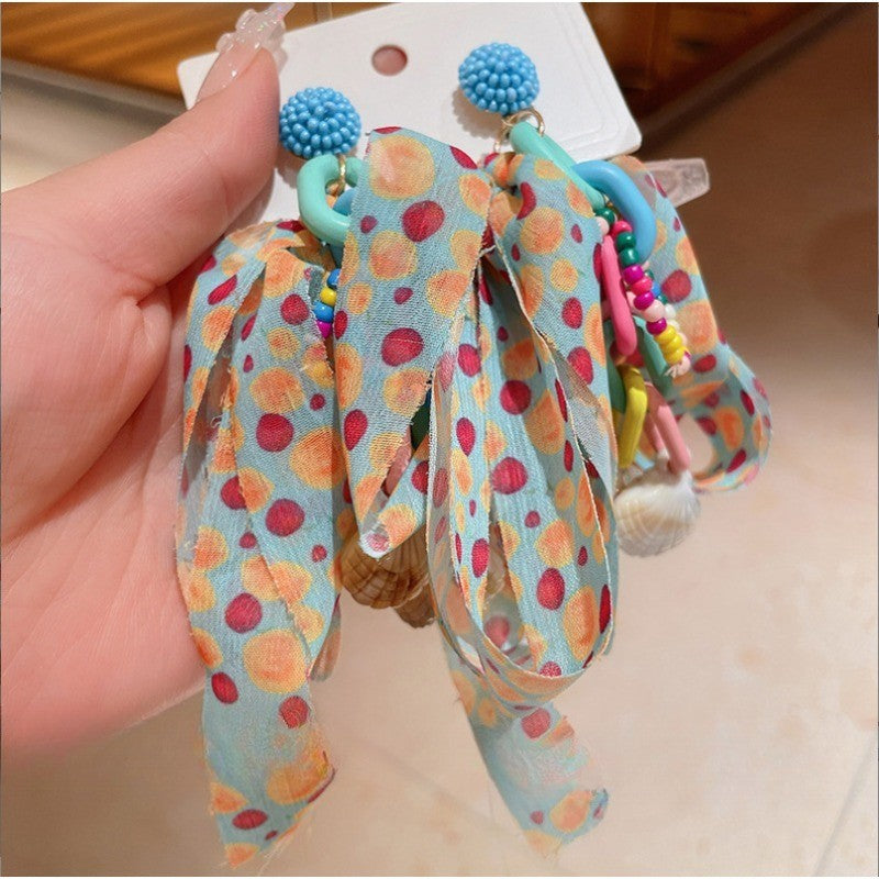 Boho Polka Dot Fabric & Shell Drop Earrings