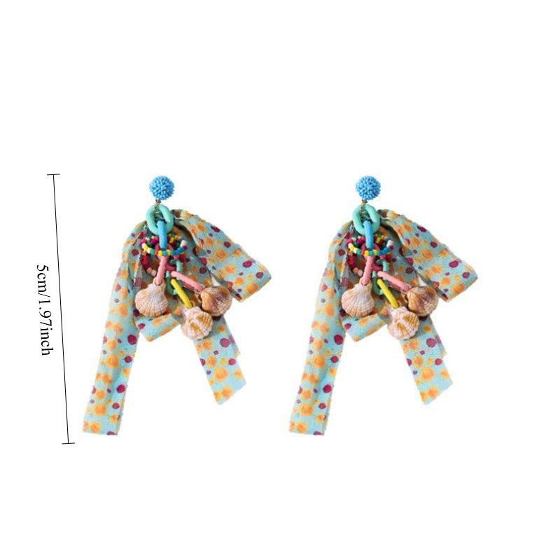 Boho Polka Dot Fabric & Shell Drop Earrings