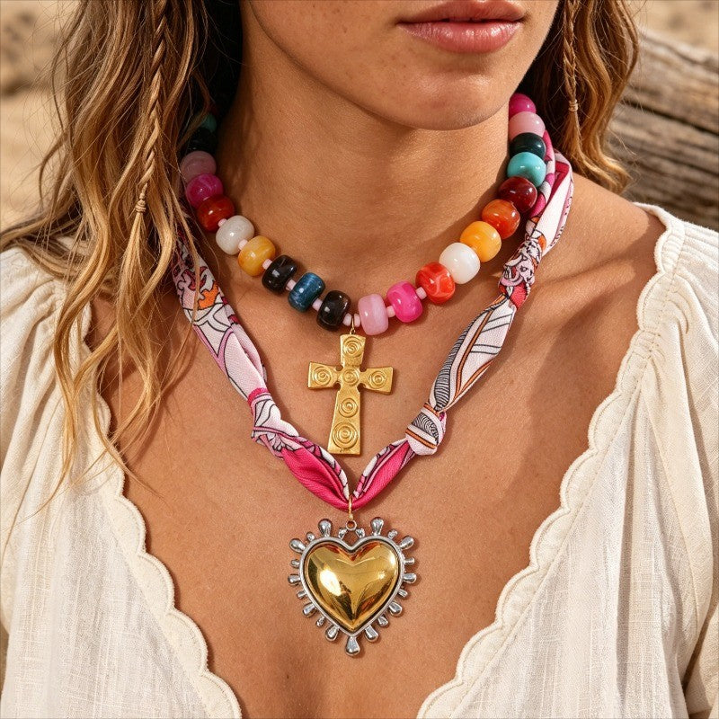18k Boho Beaded Scarf Cross Necklace