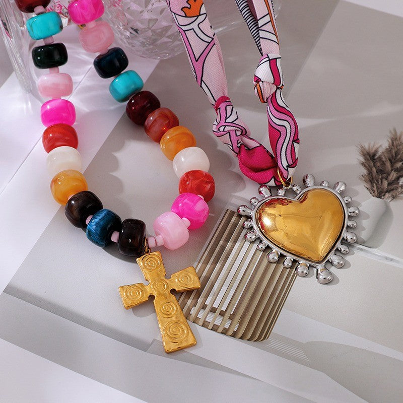 18k Boho Beaded Scarf Cross Necklace
