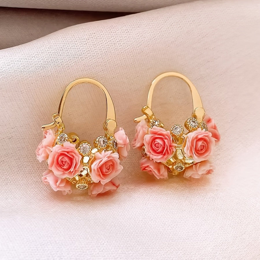 18k Romantic Rose Flower Hoop Earrings