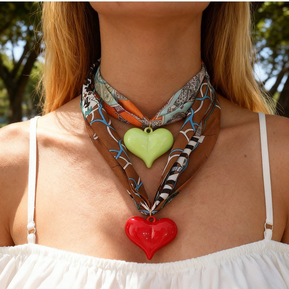 Boho Printed Scarf Dual Heart Necklace