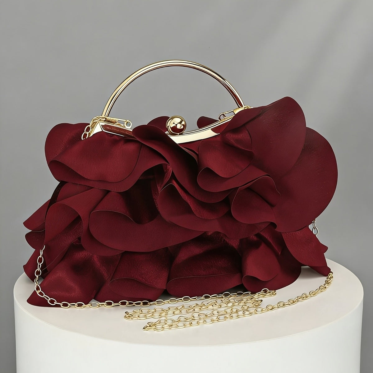 Romantic Burgundy Ruffle Flower Clutch