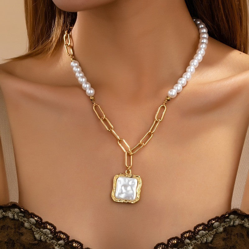 14k Elegant Pearl Paperclip Square Necklace