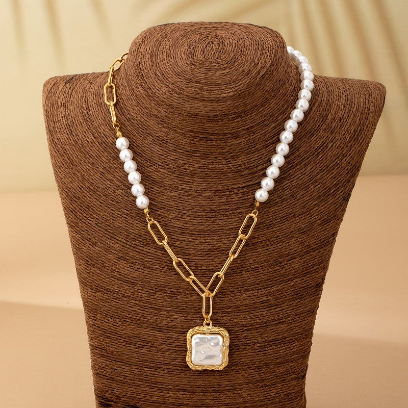 14k Elegant Pearl Paperclip Square Necklace