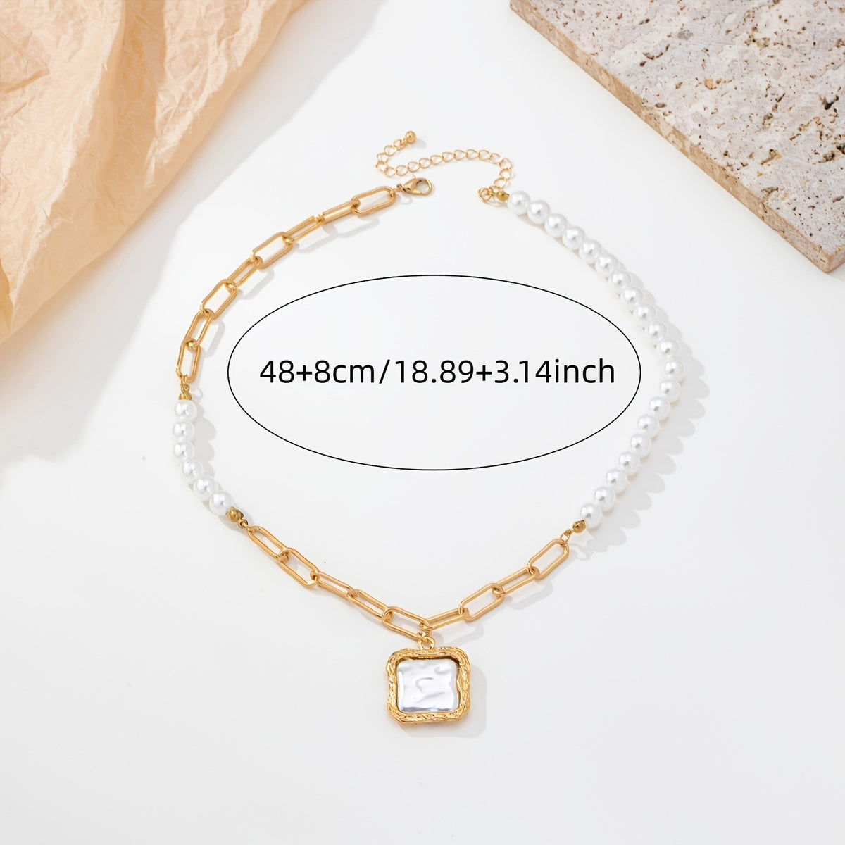 14k Elegant Pearl Paperclip Square Necklace