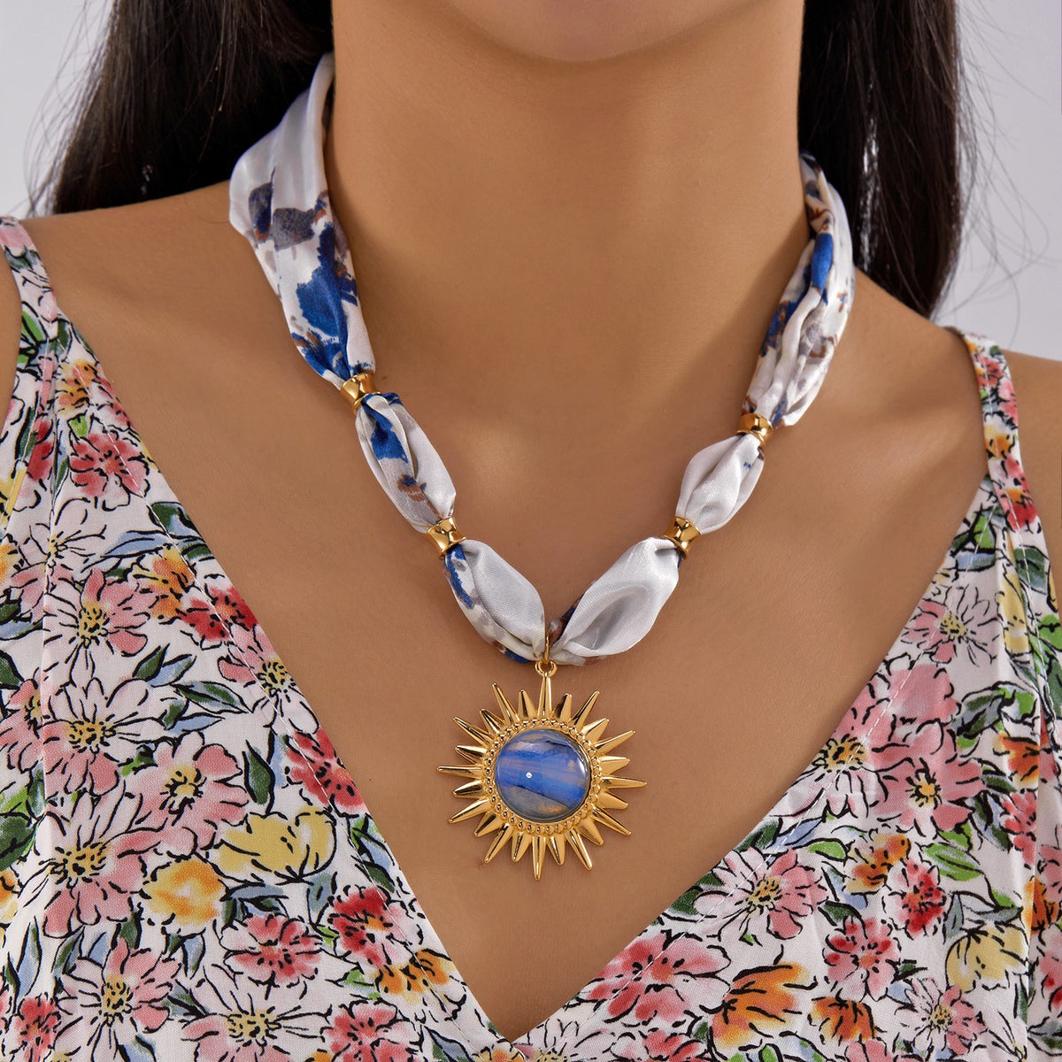 18k Boho Floral Scarf Sunburst Necklace