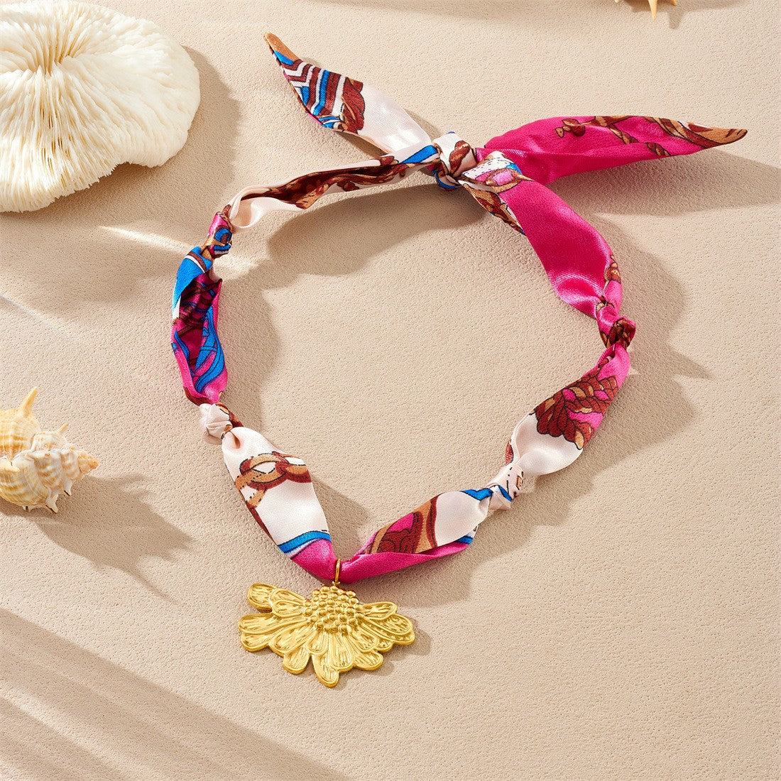 18k Boho Printed Scarf Flower Necklace