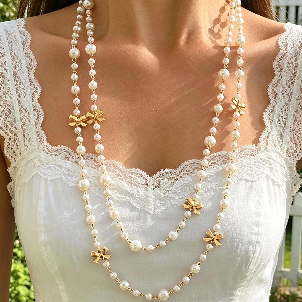 Elegant Layered Pearl Bow Necklace