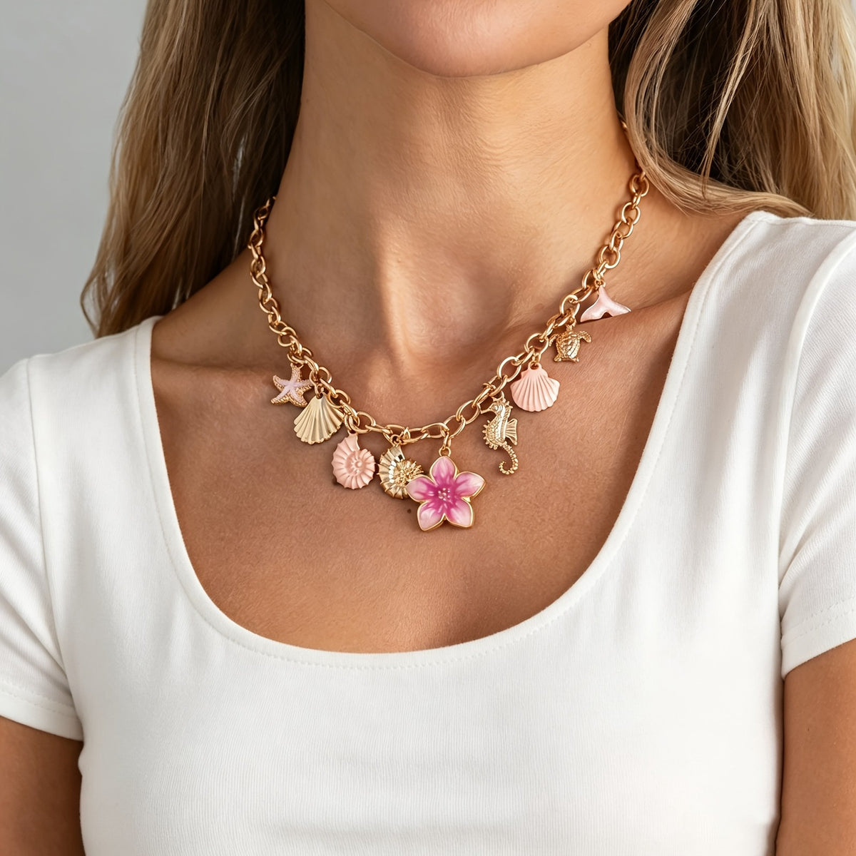 Boho Pink Flower & Shell Charm Necklace