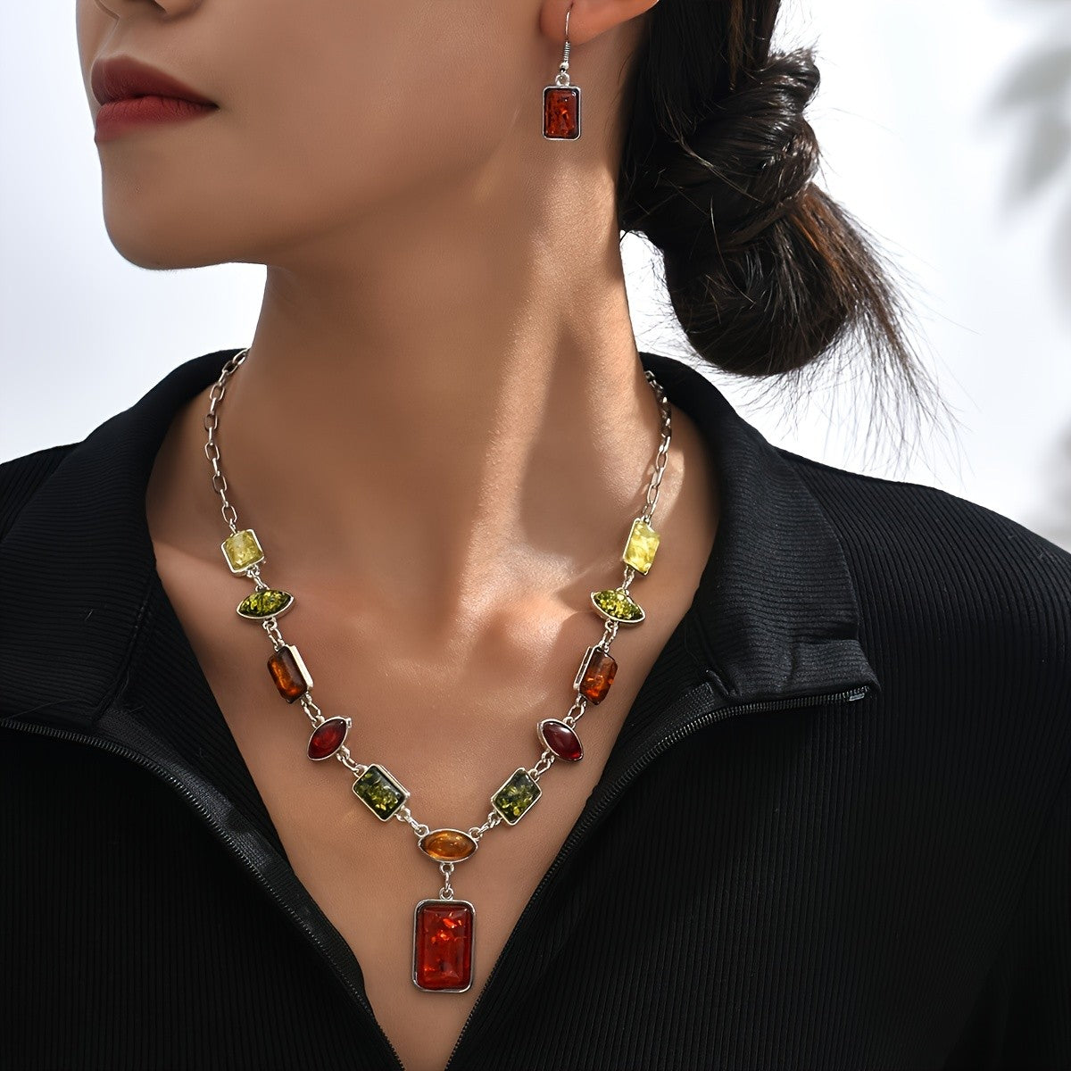 Boho Vintage Amber Geometric Necklace & Earring Set