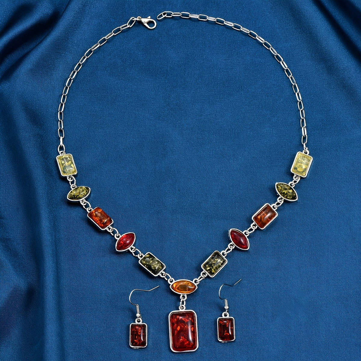 Boho Vintage Amber Geometric Necklace & Earring Set