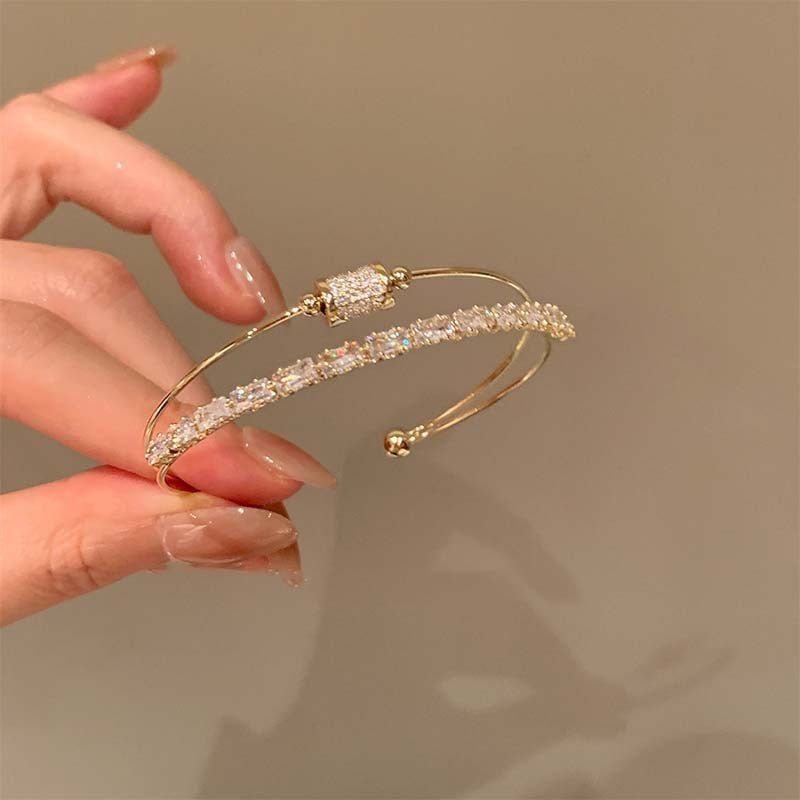 18k Elegant Rectangular Zircon Open Cuff Bracelet