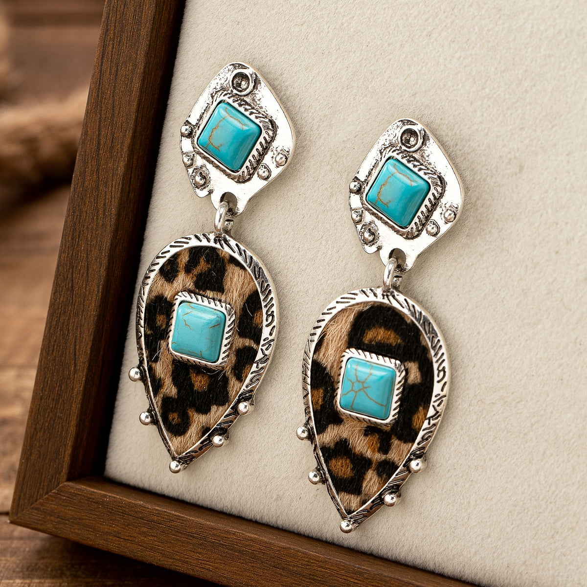 Boho Leopard Print Turquoise Drop Earrings