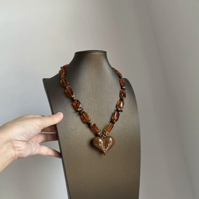 Boho Amber Rectangular Bead Heart Necklace