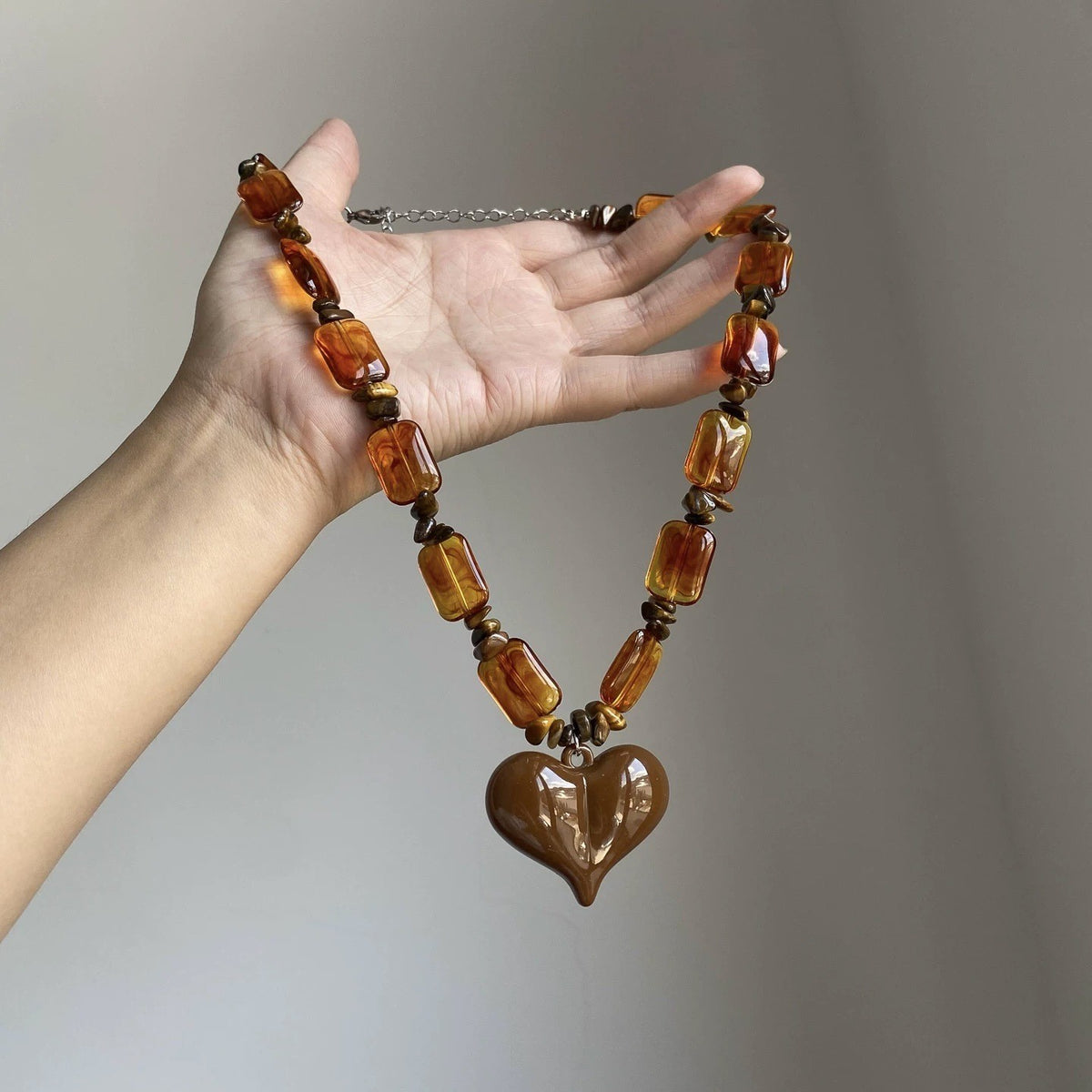 Boho Amber Rectangular Bead Heart Necklace