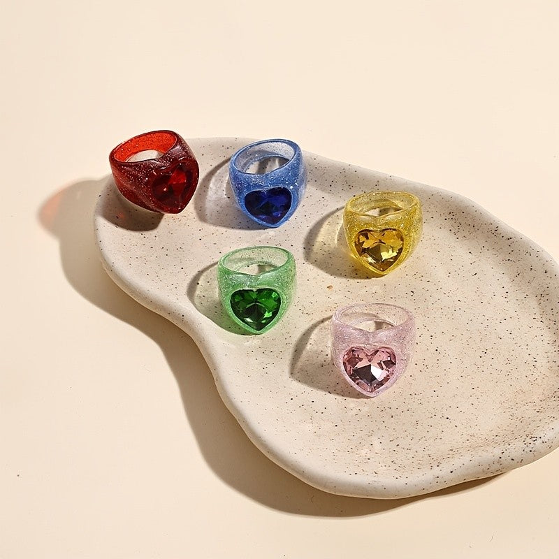 5pc Boho Glitter Heart Resin Ring Set