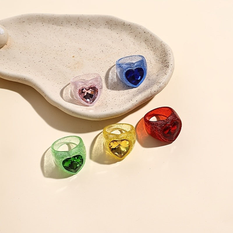 5pc Boho Glitter Heart Resin Ring Set