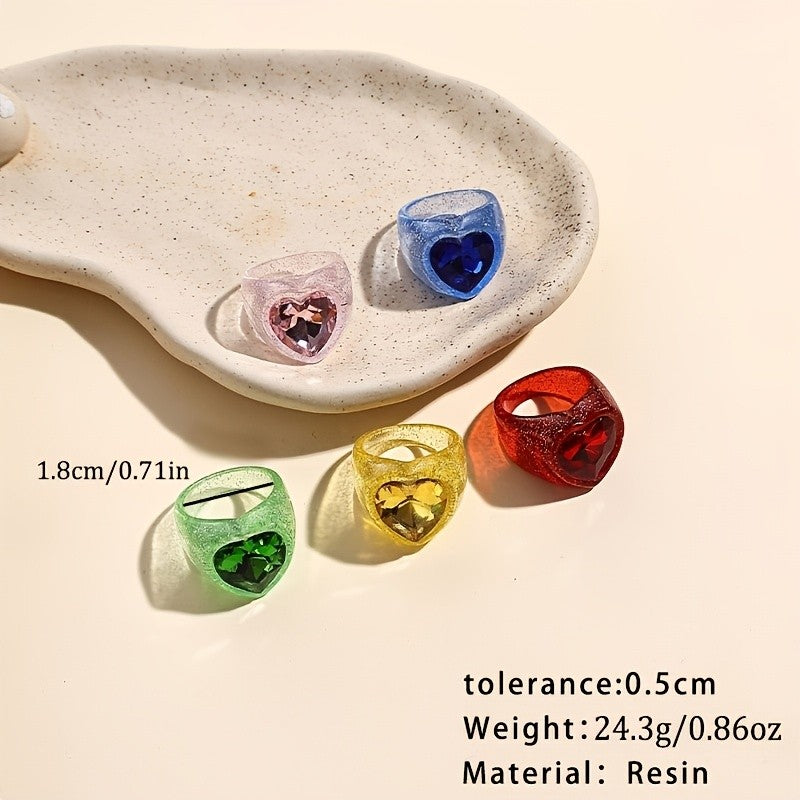 5pc Boho Glitter Heart Resin Ring Set