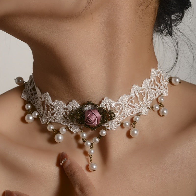 Romantic Lace Rose Pearl Choker Necklace
